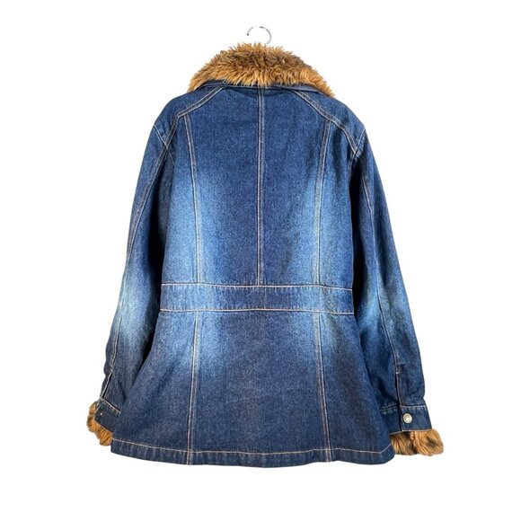 vintage y2k faux fur trim insulated‎ mid lengt denim coat jacket sz L - Picture 5 of 8